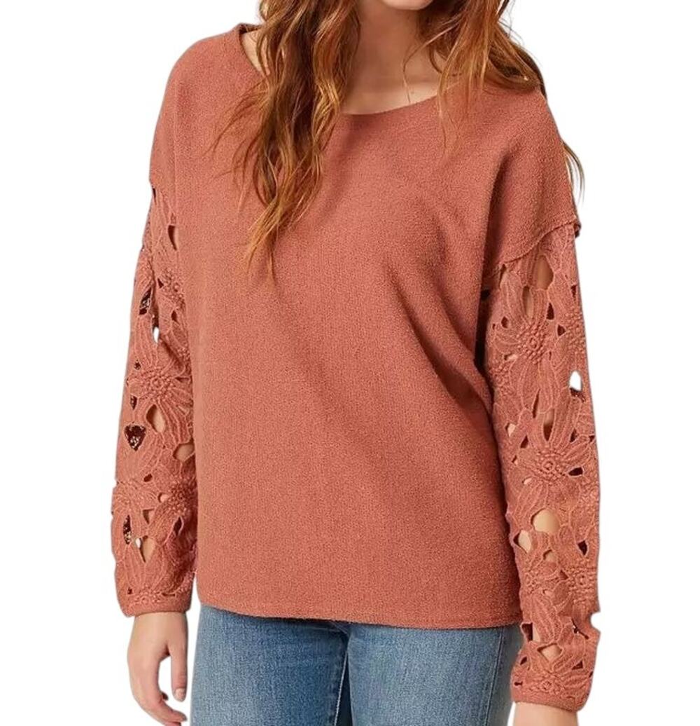 Gimmicks by Buckle Crochet Sleeve Tulip Back Copper Brown Top XS